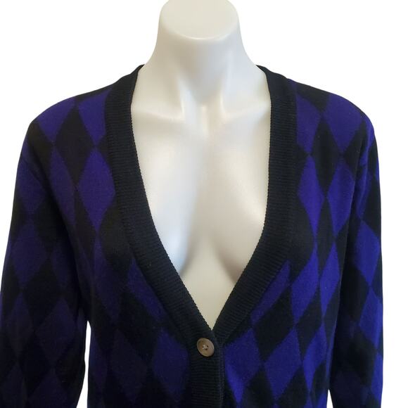 Vintage Purple Black Argyle Diamond Print Cardigan Punk Emo Y2K Grunge M/L - Picture 3 of 8